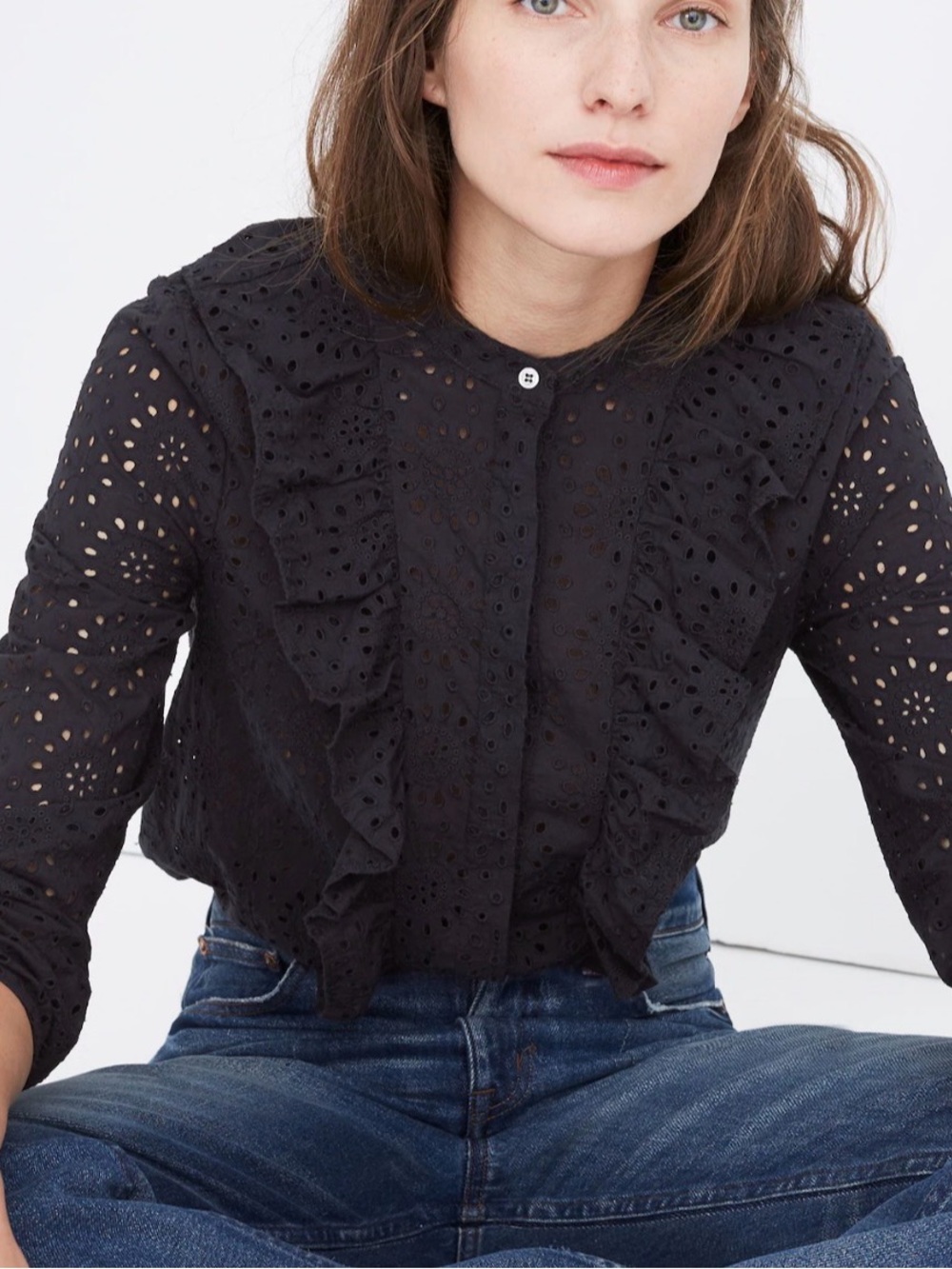 Madewell Black Eyelet Ruffle-Front Top